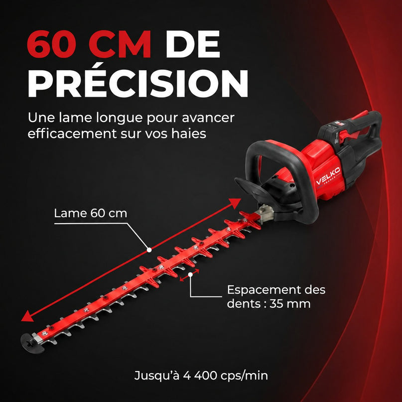 Taille-Haie Sans Fil VELKO Stratos 60 – 18 V – Lame 60 cm – Moteur Sans Charbon – 4 400 cps/min – Espacement 35 mm