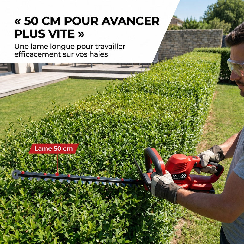 Taille-Haie Sans Fil VELKO Vektor 50 – 18 V – Lame 50 cm – Moteur Sans Charbon – 3 Vitesses – Espacement 35 mm