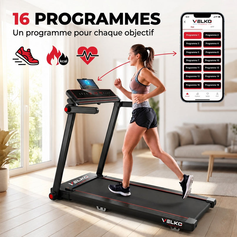 Tapis de Course Pliable VELKO Tempo 16 – 1 à 16 km/h – 16 Programmes – Surface 120 × 45 cm – Pliage Ultra-Compact 19 cm