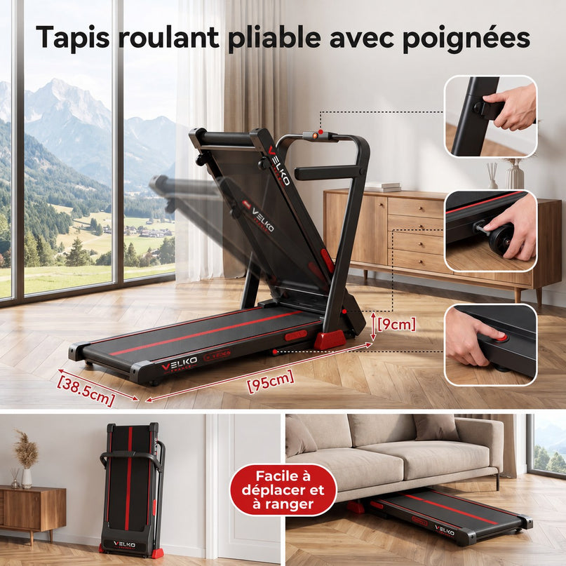 Tapis de Course Pliable VELKO Vantage – Moteur 3.0HP – Inclinaison Manuelle 16% – Vitesse 1-10 km/h – Télécommande