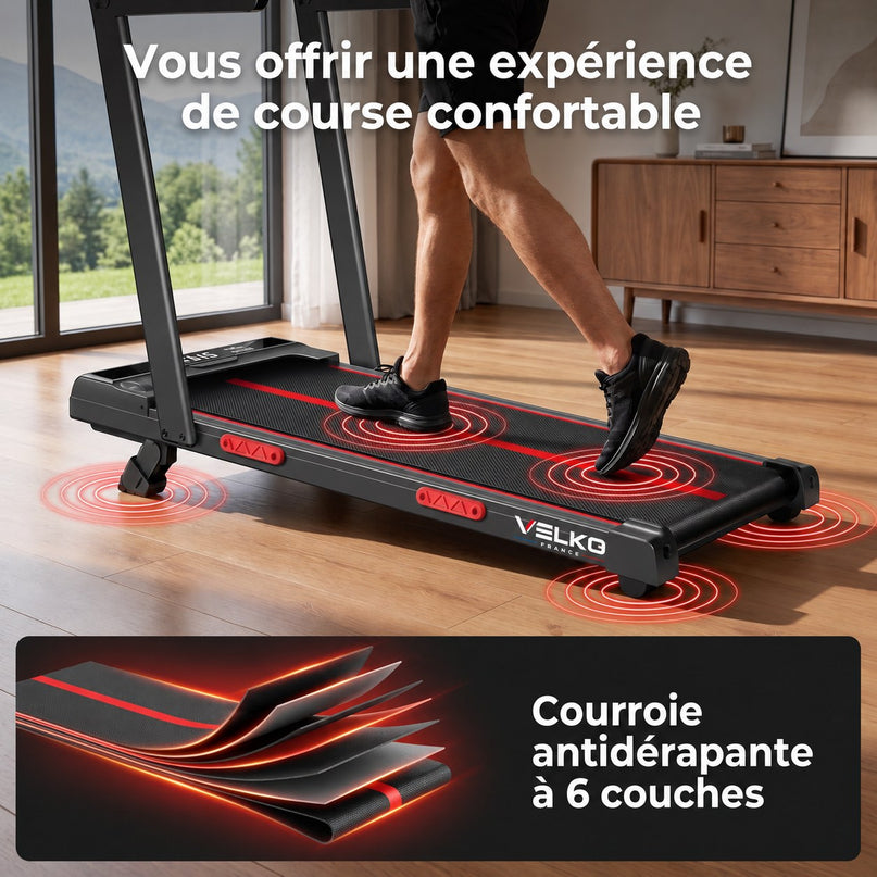 Tapis de Course Pliable VELKO Vantage – Moteur 3.0HP – Inclinaison Manuelle 16% – Vitesse 1-10 km/h – Télécommande