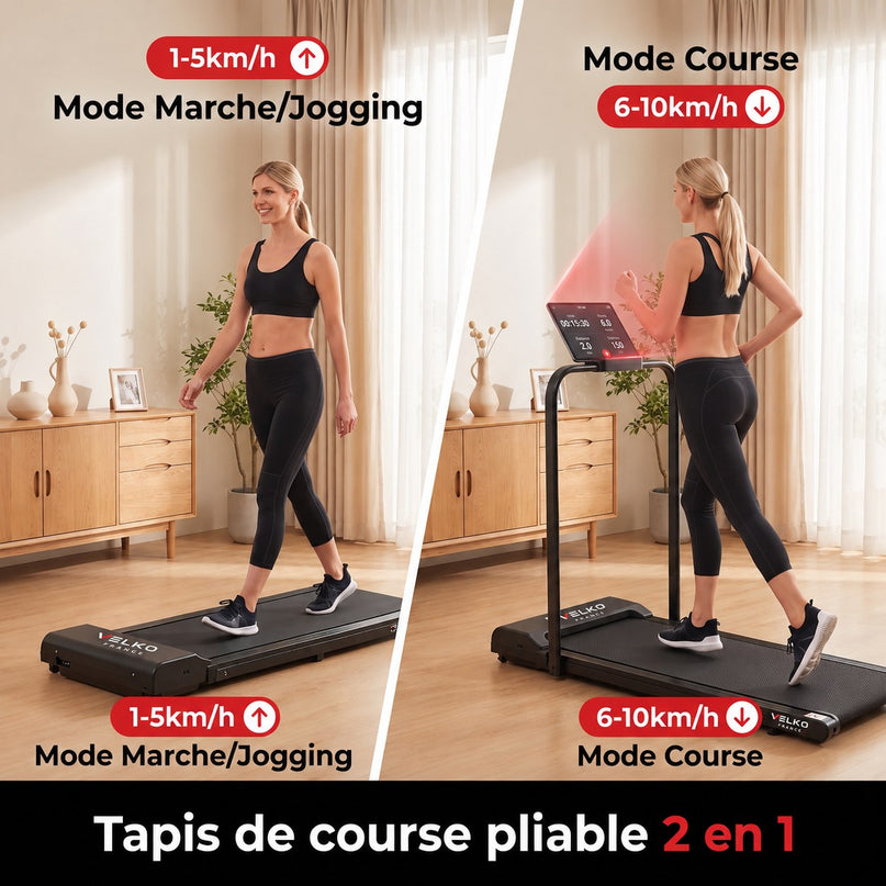 Tapis de Course Pliant VELKO Flexo – 10 km/h – 2 Modes (Marche/Course) – Écran LED