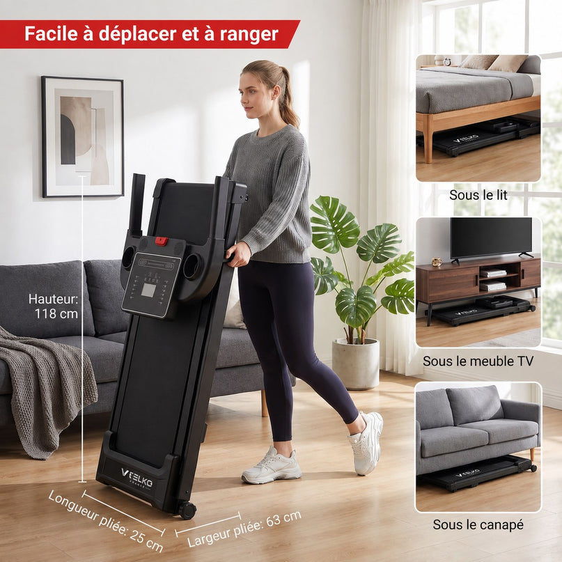 Tapis de Course Pliant VELKO Pace – 10 km/h – 12 Programmes – Charge 100 kg – Écran LED