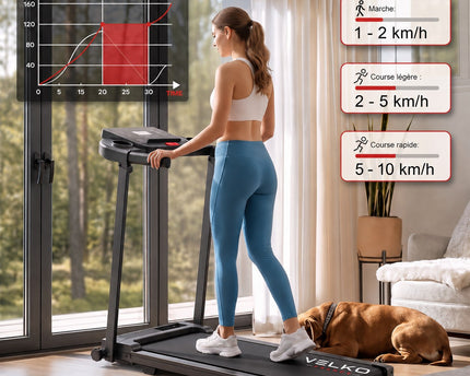Tapis de Course Pliant VELKO Pace – 10 km/h – 12 Programmes – Charge 100 kg – Écran LED