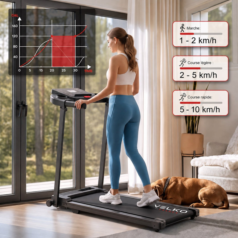 Tapis de Course Pliant VELKO Pace – 10 km/h – 12 Programmes – Charge 100 kg – Écran LED