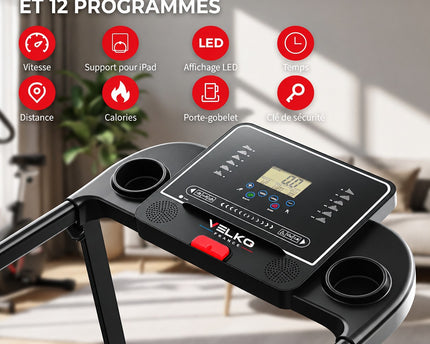 Tapis de Course Pliant VELKO Pace – 10 km/h – 12 Programmes – Charge 100 kg – Écran LED