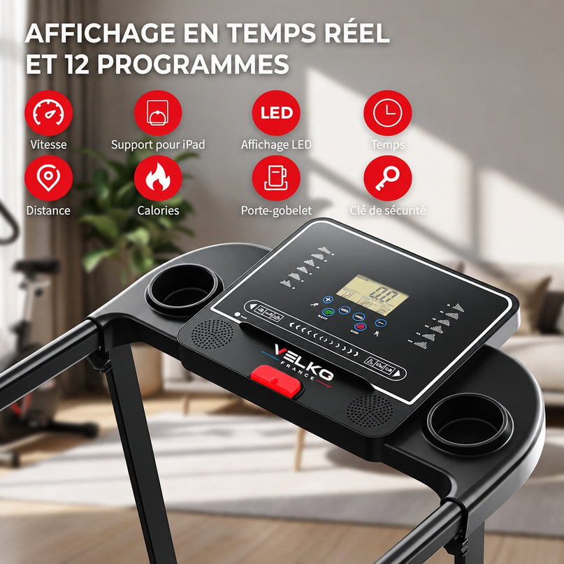 Tapis de Course Pliant VELKO Pace – 10 km/h – 12 Programmes – Charge 100 kg – Écran LED