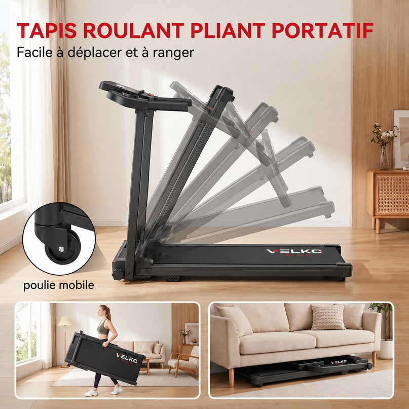 Tapis de Course Pliant VELKO Pace – 10 km/h – 12 Programmes – Charge 100 kg – Écran LED