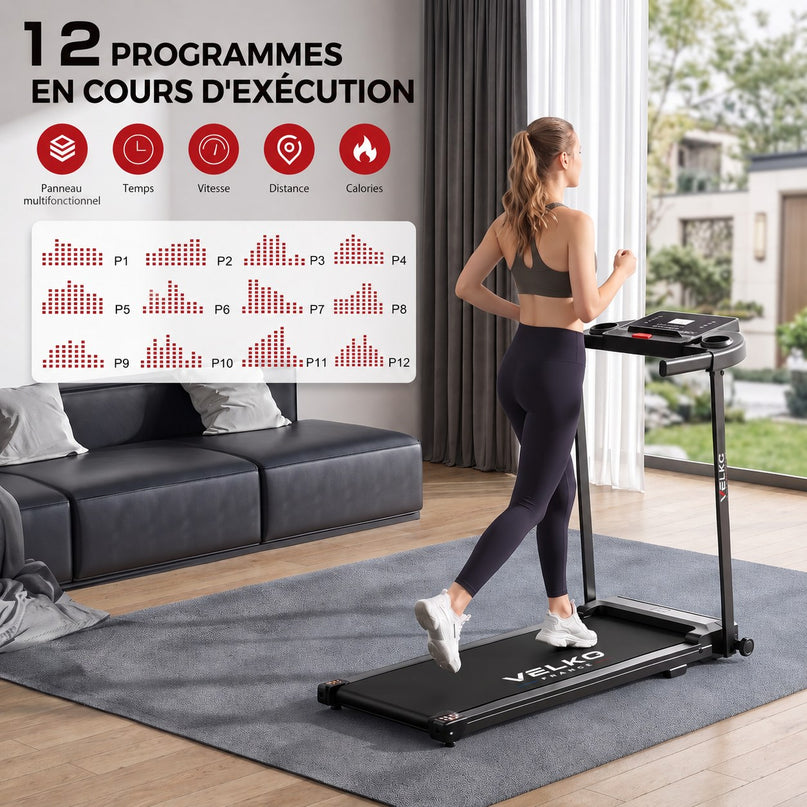 Tapis de Course Pliant VELKO Pace – 10 km/h – 12 Programmes – Charge 100 kg – Écran LED