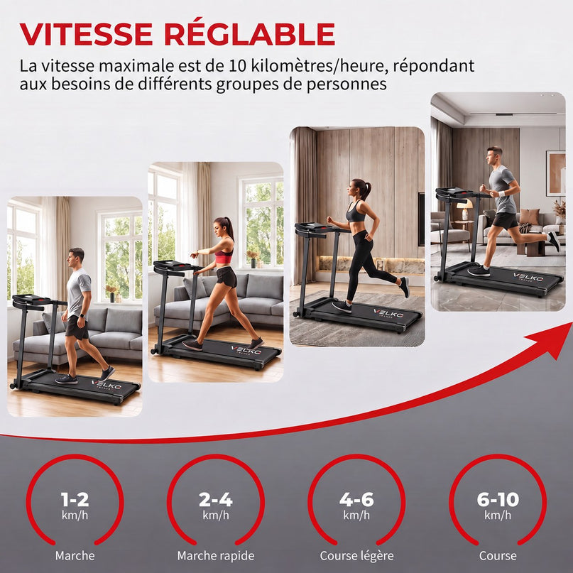 Tapis de Course Pliant VELKO Pace – 10 km/h – 12 Programmes – Charge 100 kg – Écran LED