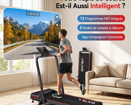 Tapis de Course Pliant VELKO Trail – 12 km/h – 12 Programmes HIIT – Écran LED & Application Connectée