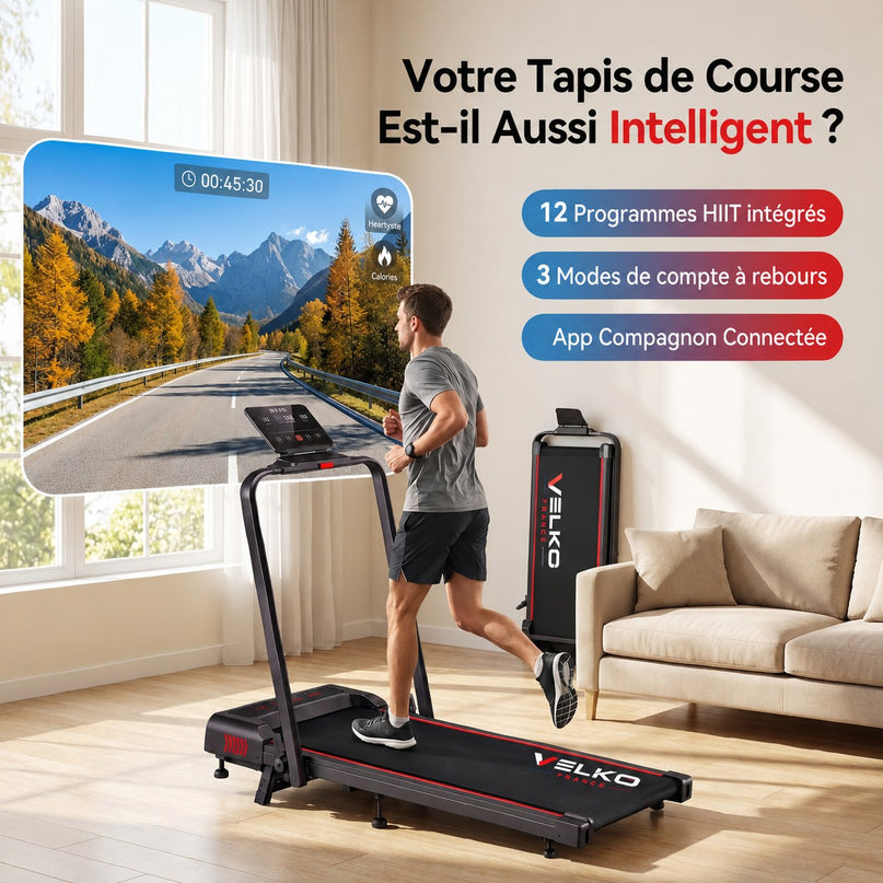 Tapis de Course Pliant VELKO Trail – 12 km/h – 12 Programmes HIIT – Écran LED & Application Connectée