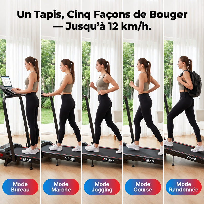 Tapis de Course Pliant VELKO Trail – 12 km/h – 12 Programmes HIIT – Écran LED & Application Connectée