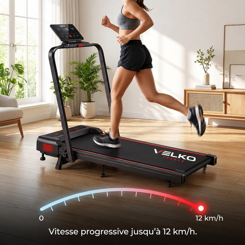 Tapis de Course Pliant VELKO Trail – 12 km/h – 12 Programmes HIIT – Écran LED & Application Connectée