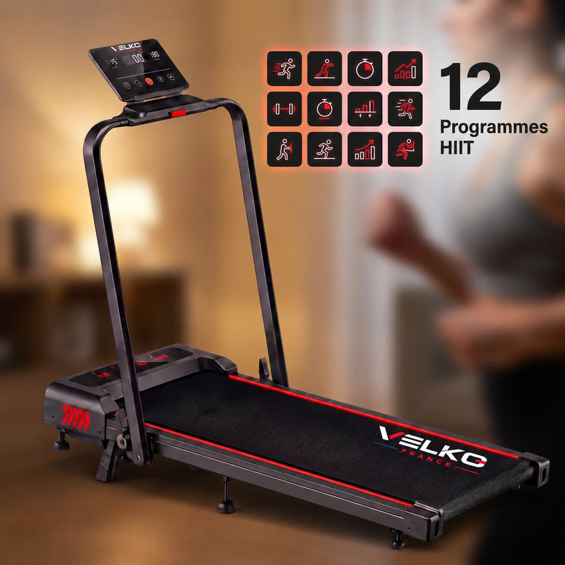 Tapis de Course Pliant VELKO Trail – 12 km/h – 12 Programmes HIIT – Écran LED & Application Connectée