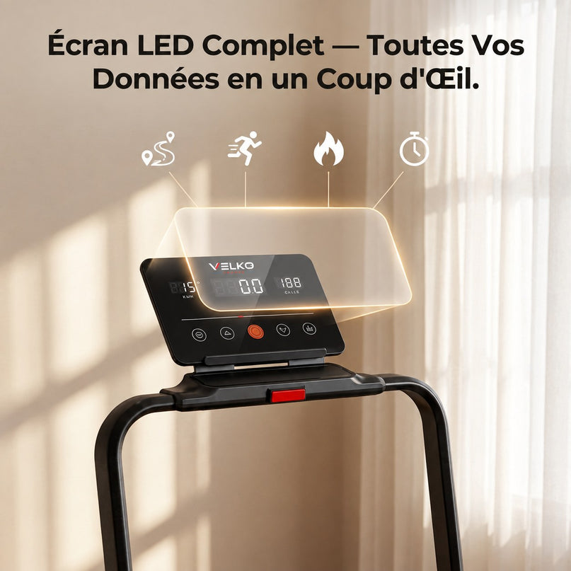 Tapis de Course Pliant VELKO Trail – 12 km/h – 12 Programmes HIIT – Écran LED & Application Connectée