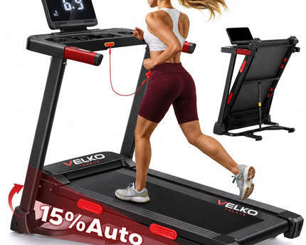 Tapis de Course VELKO Elevate 15 – Inclinaison Automatique 15 % – 2,5 CV – 12 km/h – Pliable & Connecté