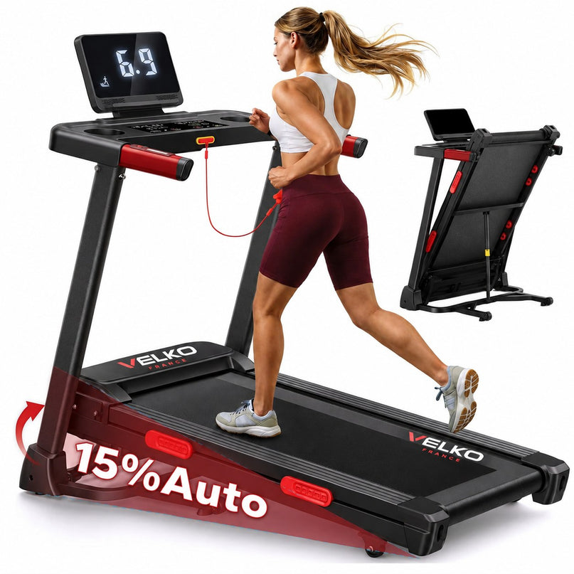 Tapis de Course VELKO Elevate 15 – Inclinaison Automatique 15 % – 2,5 CV – 12 km/h – Pliable & Connecté
