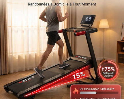 Tapis de Course VELKO Elevate 15 – Inclinaison Automatique 15 % – 2,5 CV – 12 km/h – Pliable & Connecté