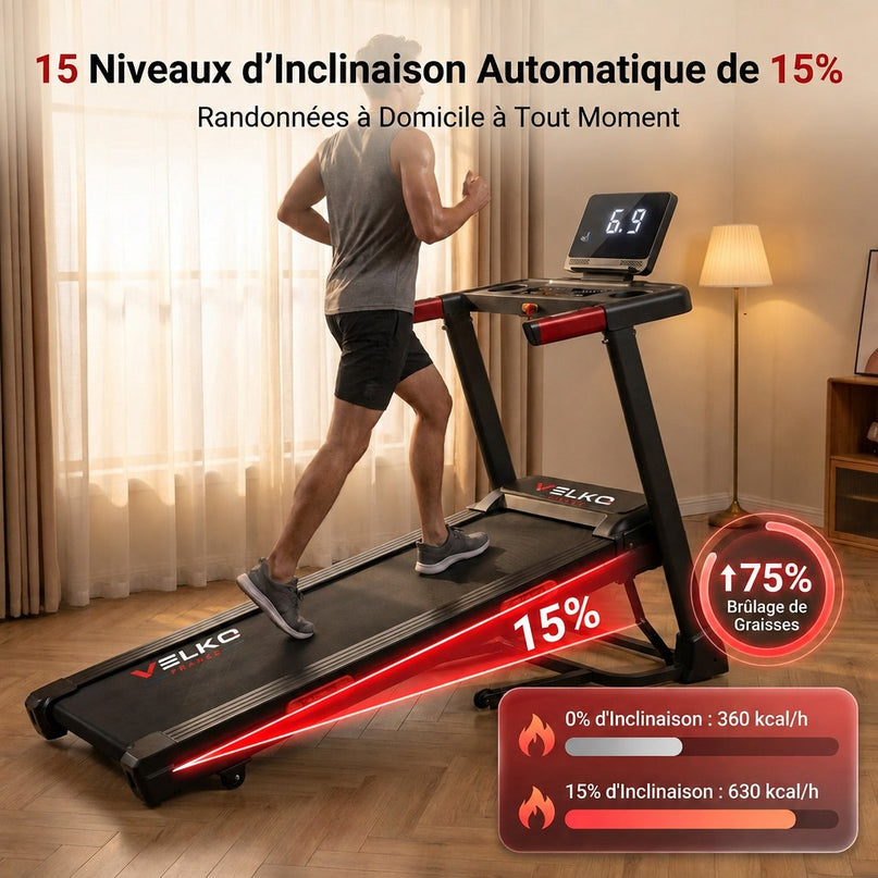 Tapis de Course VELKO Elevate 15 – Inclinaison Automatique 15 % – 2,5 CV – 12 km/h – Pliable & Connecté