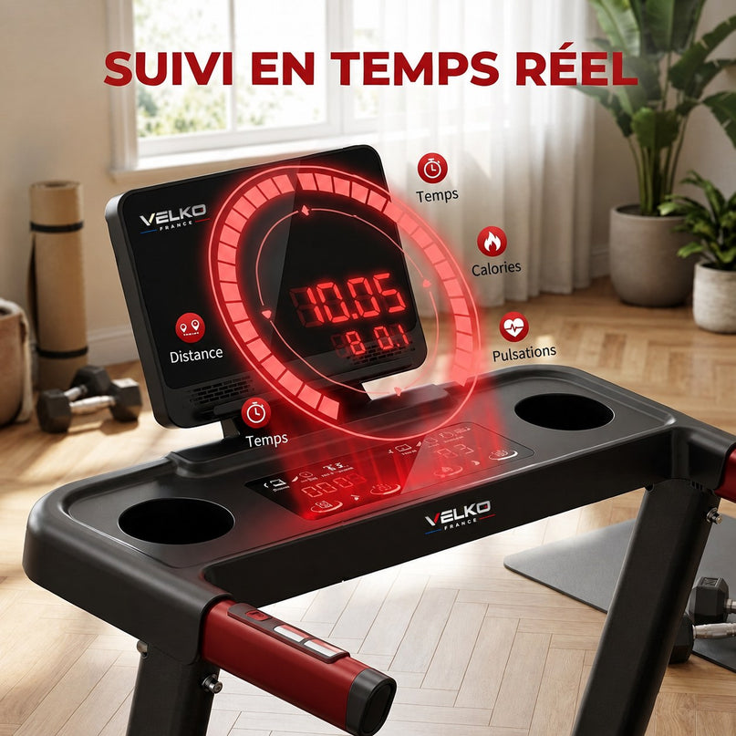Tapis de Course VELKO Elevate 15 – Inclinaison Automatique 15 % – 2,5 CV – 12 km/h – Pliable & Connecté
