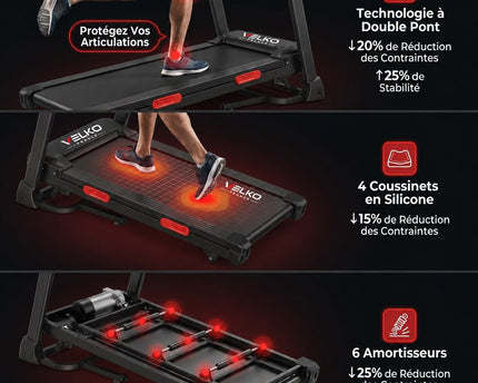 Tapis de Course VELKO Elevate 15 – Inclinaison Automatique 15 % – 2,5 CV – 12 km/h – Pliable & Connecté
