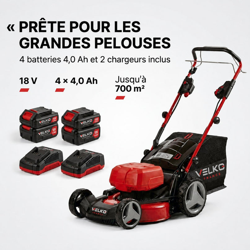 Tondeuse à Gazon sans Fil Auto-tractée VELKO Force 700 – 36 V – Coupe 47 cm – 4 Batteries 4,0 Ah – Bac 75 L – Jusqu’à 700 m²