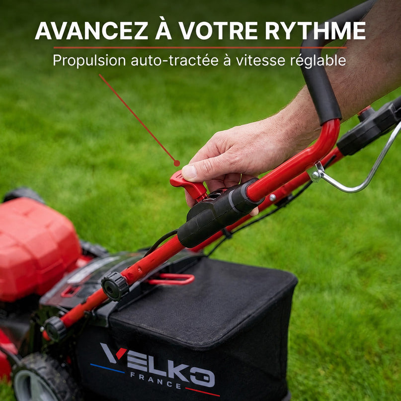 Tondeuse à Gazon sans Fil Auto-tractée VELKO Force 700 – 36 V – Coupe 47 cm – 4 Batteries 4,0 Ah – Bac 75 L – Jusqu’à 700 m²