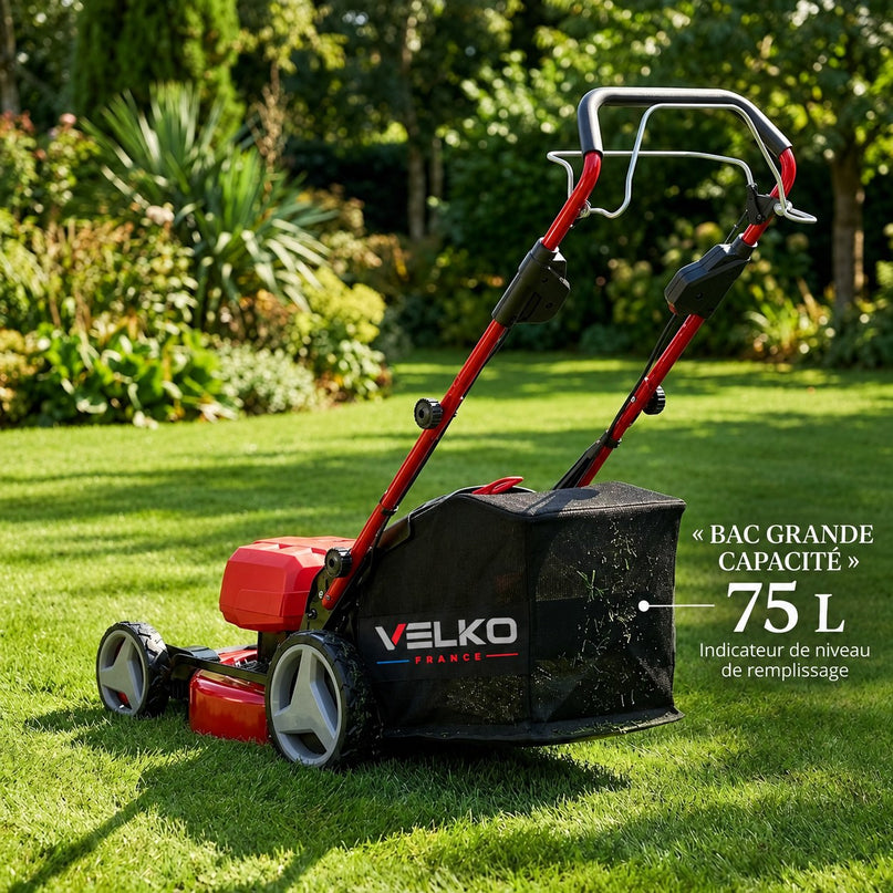 Tondeuse à Gazon sans Fil Auto-tractée VELKO Force 700 – 36 V – Coupe 47 cm – 4 Batteries 4,0 Ah – Bac 75 L – Jusqu’à 700 m²