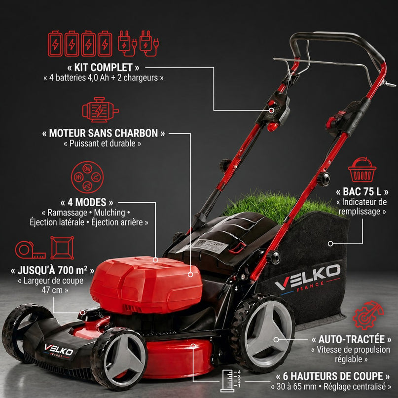 Tondeuse à Gazon sans Fil Auto-tractée VELKO Force 700 – 36 V – Coupe 47 cm – 4 Batteries 4,0 Ah – Bac 75 L – Jusqu’à 700 m²