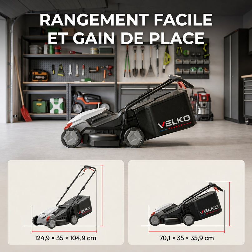 Tondeuse à Gazon sans Fil VELKO Garden 300 – 20 V – 33 cm – Batterie 5,0 Ah – 5 Hauteurs de Coupe – Bac 35 L – Jusqu’à 300 m²
