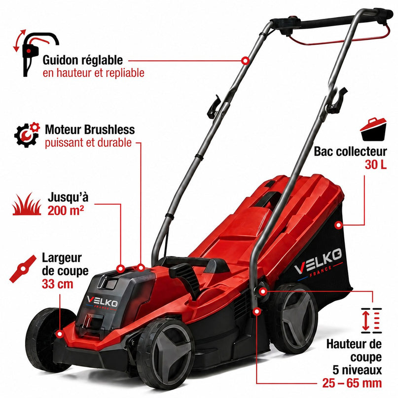 Tondeuse à Gazon sans Fil VELKO Swift 200 – 18 V, 33 cm, Moteur Brushless, Batterie 4,0 Ah Incluse, Bac 30 L – Jusqu’à 200 m²