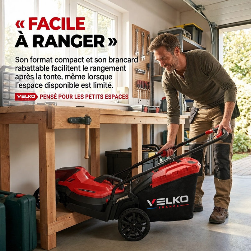 Tondeuse à Gazon sans Fil VELKO Verde 33 – 18 V – Coupe 33 cm – 5 Hauteurs 25–65 mm – Bac 35 L – Jusqu’à 300 m²
