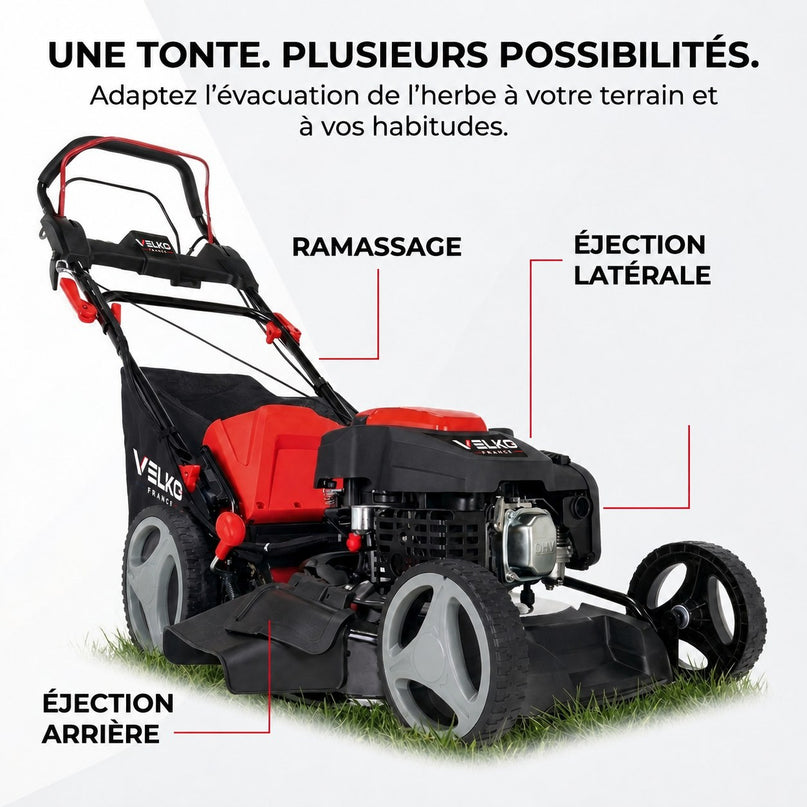 Tondeuse à Gazon Thermique Autotractée VELKO Dominus 53 – 224 cm³ / 6 CV – Coupe 53 cm – Démarrage Électrique 20 V – Bac 65 L – Jusqu’à 1 800 m²