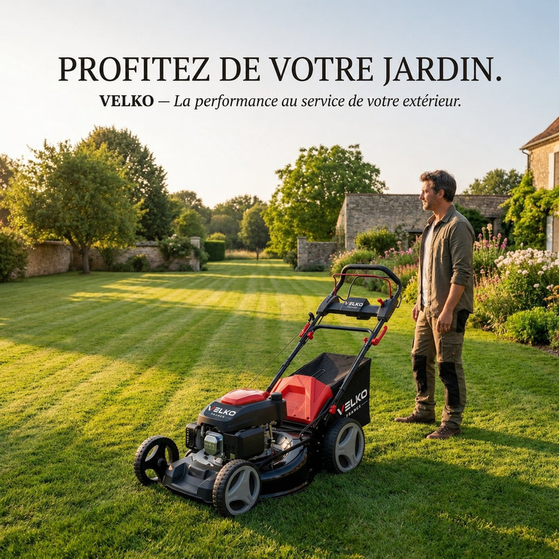 Tondeuse à Gazon Thermique Autotractée VELKO Dominus 53 – 224 cm³ / 6 CV – Coupe 53 cm – Démarrage Électrique 20 V – Bac 65 L – Jusqu’à 1 800 m²