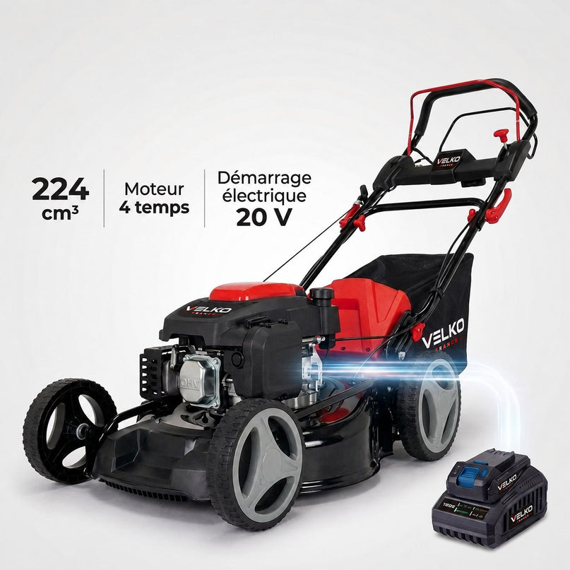 Tondeuse à Gazon Thermique Autotractée VELKO Dominus 53 – 224 cm³ / 6 CV – Coupe 53 cm – Démarrage Électrique 20 V – Bac 65 L – Jusqu’à 1 800 m²