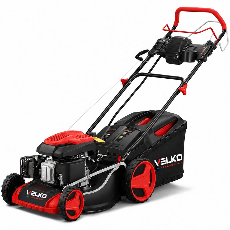 Tondeuse à Gazon Thermique Autotractée VELKO Terrain 51 – 196 cm³, 51 cm, Démarrage Électrique, Hauteur de Coupe 25–75 mm, Bac 60 L, Jusqu’à 1 500 m²