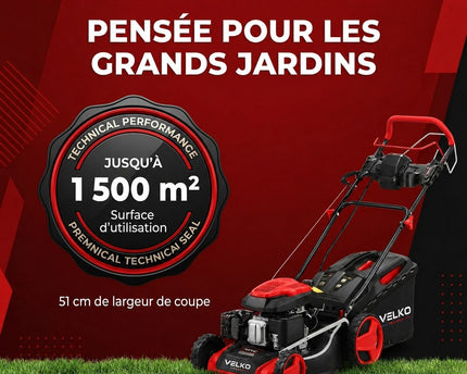 Tondeuse à Gazon Thermique Autotractée VELKO Terrain 51 – 196 cm³, 51 cm, Démarrage Électrique, Hauteur de Coupe 25–75 mm, Bac 60 L, Jusqu’à 1 500 m²