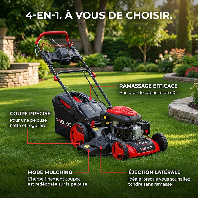 Tondeuse à Gazon Thermique Autotractée VELKO Terrain 51 – 196 cm³, 51 cm, Démarrage Électrique, Hauteur de Coupe 25–75 mm, Bac 60 L, Jusqu’à 1 500 m²