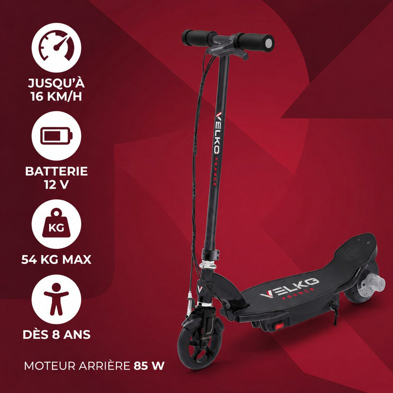 Trottinette Électrique Enfant VELKO Junior 85 – 85 W – Jusqu’à 16 km/h – Batterie 12 V – Dès 8 ans