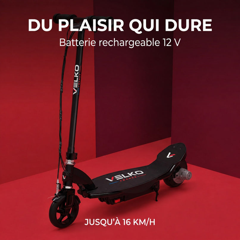 Trottinette Électrique Enfant VELKO Junior 85 – 85 W – Jusqu’à 16 km/h – Batterie 12 V – Dès 8 ans