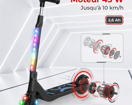 Trottinette Électrique Enfant VELKO Lumio 45 – 45 W – Jusqu’à 10 km/h – Autonomie 4 km – LED Multicolores – Guidon Réglable