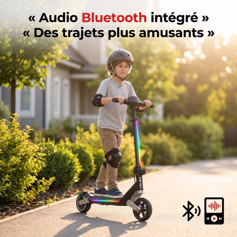 Trottinette Électrique Enfant VELKO MiniPulse 16 – 6 à 12 Ans – 5/10/16 km/h – Autonomie 9 km – Double Suspension – Bluetooth & LED