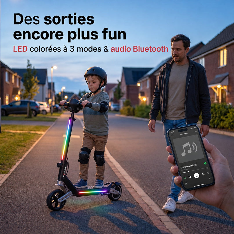 Trottinette Électrique Enfant VELKO MiniPulse 16 – 6 à 12 Ans – 5/10/16 km/h – Autonomie 9 km – Double Suspension – Bluetooth & LED