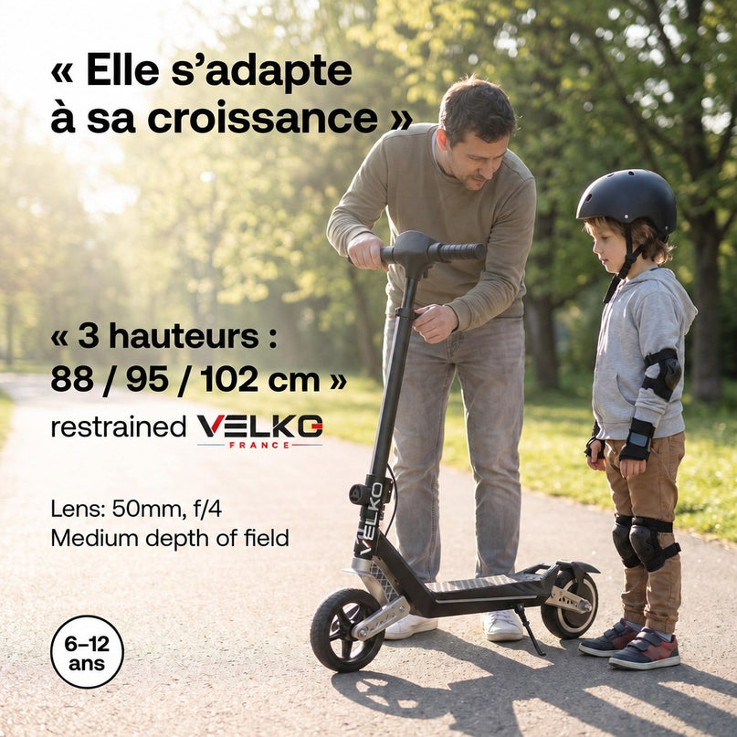 Trottinette Électrique Enfant VELKO MiniPulse 16 – 6 à 12 Ans – 5/10/16 km/h – Autonomie 9 km – Double Suspension – Bluetooth & LED