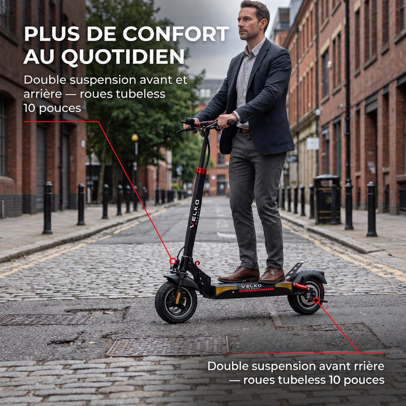 Trottinette Électrique VELKO Axion 800 – 800 W Max – Autonomie jusqu’à 45 km – Batterie 48 V 13 Ah – Double Suspension – Roues 10"