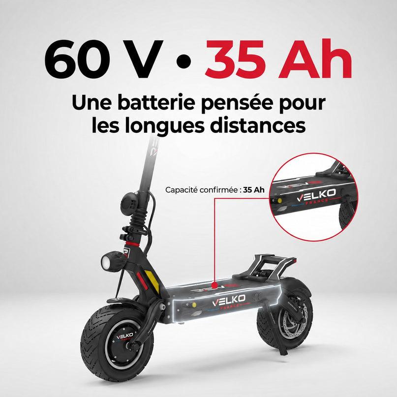 Trottinette Électrique VELKO Dominion 60 – Batterie 60 V 35 Ah – 25 km/h – Pneus Tubeless 11″ – Double Suspension