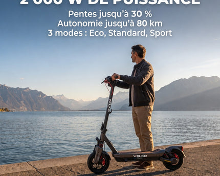 Trottinette Électrique VELKO Elevon 80 – 2 000 W – 25 km/h – Autonomie jusqu’à 80 km – Pneus 11″ – Écran TFT 2,4″