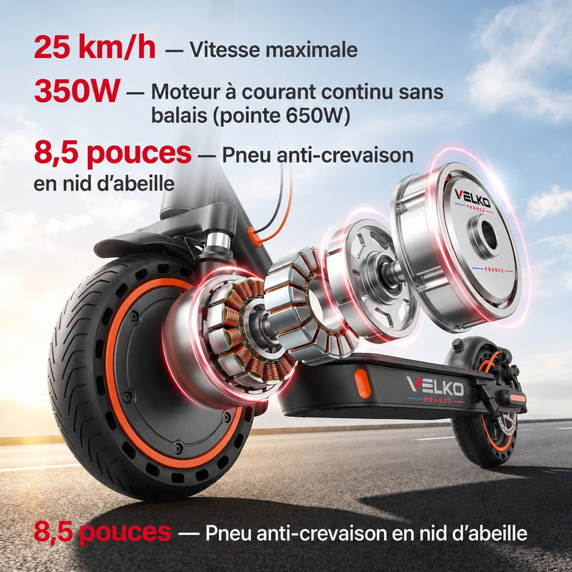 Trottinette Électrique VELKO Nova – 350 W (Pointe 650 W) – Autonomie 30-35 km – Batterie 36V 7,8 Ah – Pneus 8,5" Nid d'Abeille