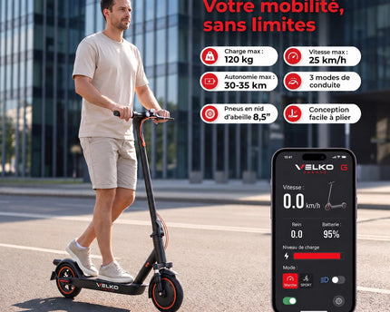 Trottinette Électrique VELKO Nova – 350 W (Pointe 650 W) – Autonomie 30-35 km – Batterie 36V 7,8 Ah – Pneus 8,5" Nid d'Abeille